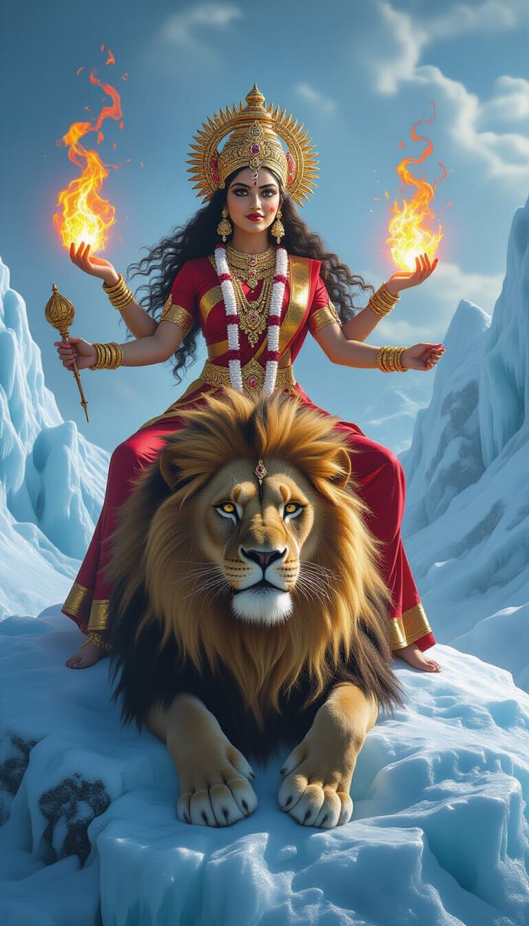 Goddess Durga on Lion Amidst Fiery Ice