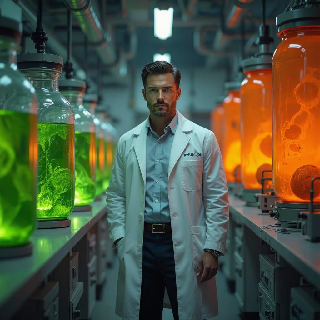 Laboratory Scene with Eerie Green Liquid, Hyperrealistic Sty...
