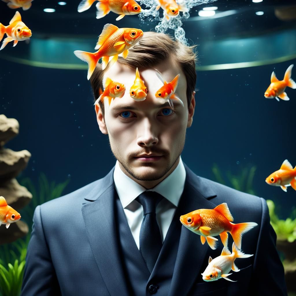 Surreal Portrait: Man with Goldfish Aquarium Head
