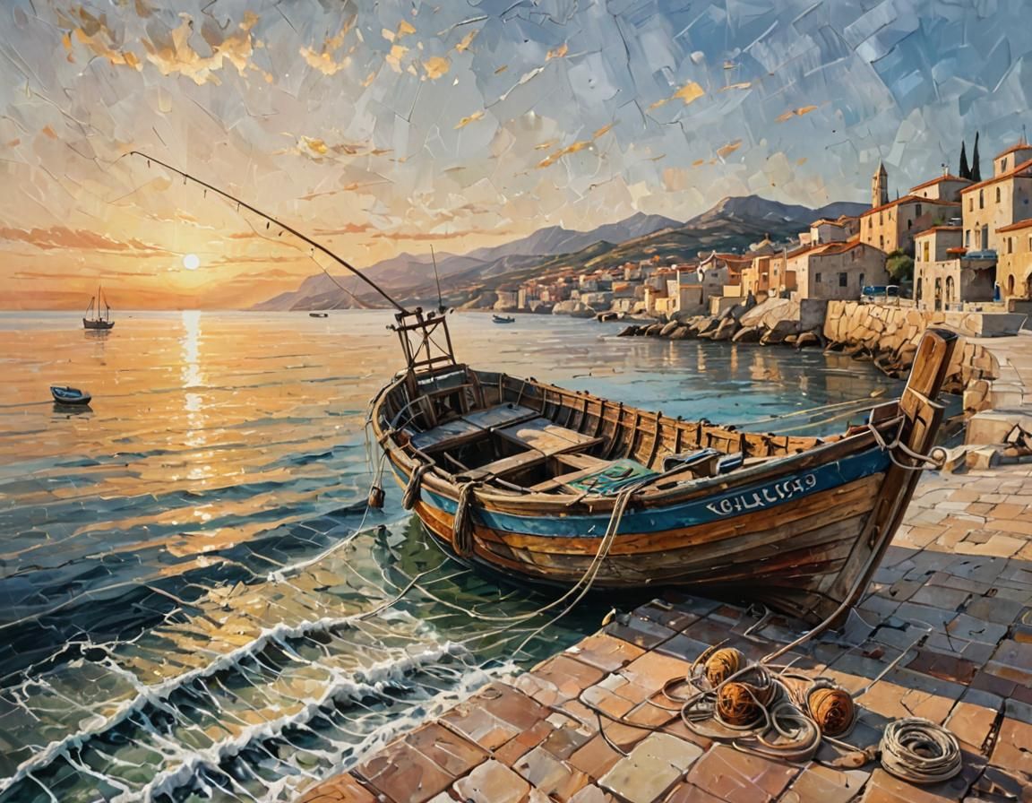 Mediterranean Fishing Boat at Sunrise as Impasto Painting