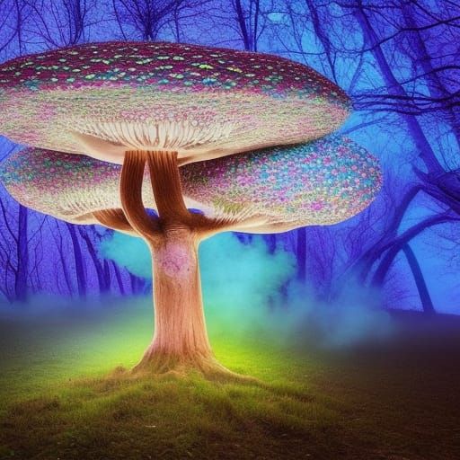 Psychedelic Mushroom Tree in Magical Forest