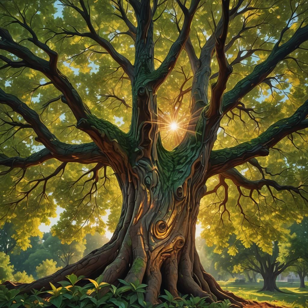 Amber Lit Tree in Exquisite Landscape, Oil Painting Texture