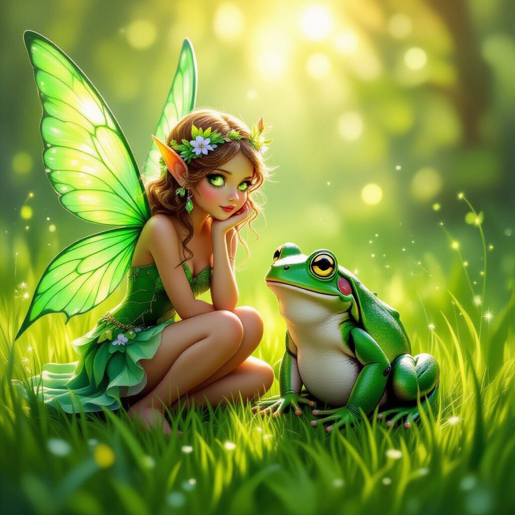 Green Fairy and Frog in Fantasy Oil Painting