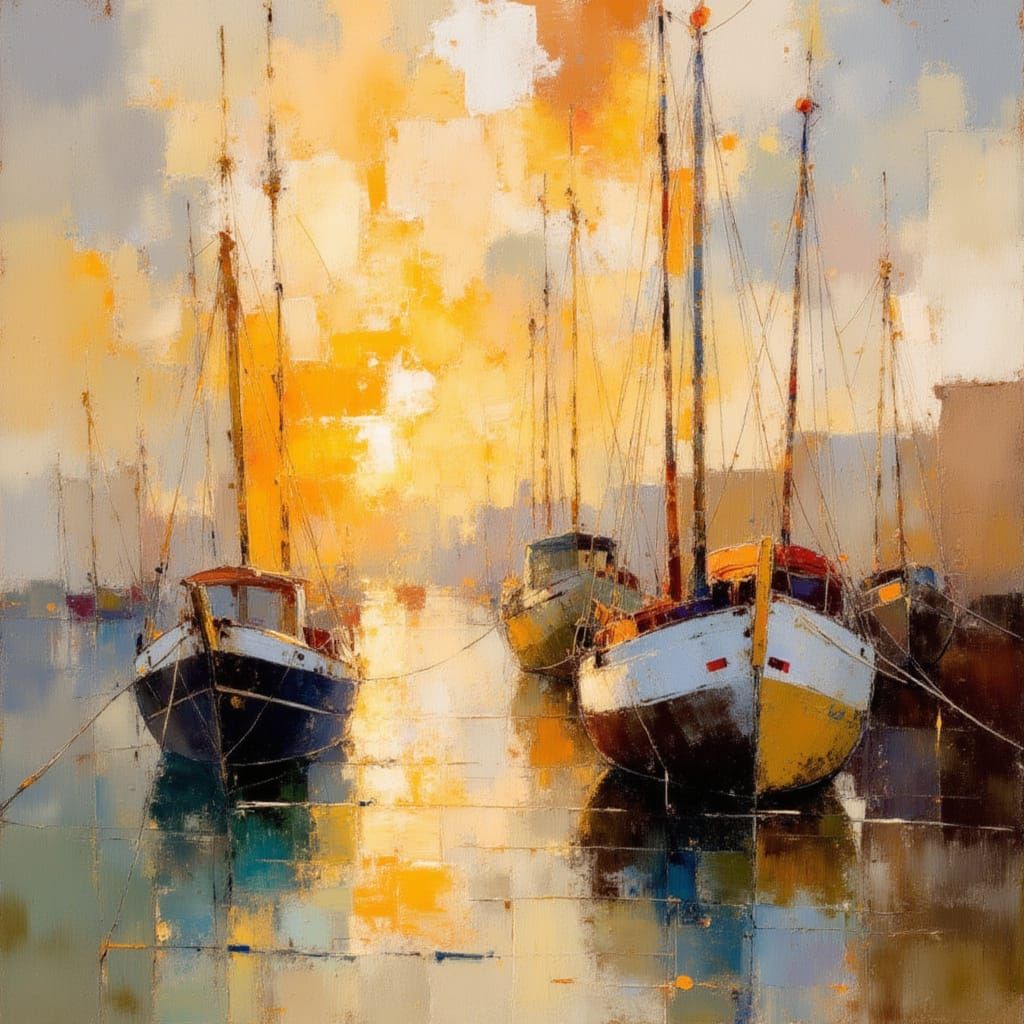 Impressionist Harbor Scene at Sunset as Impasto Painting