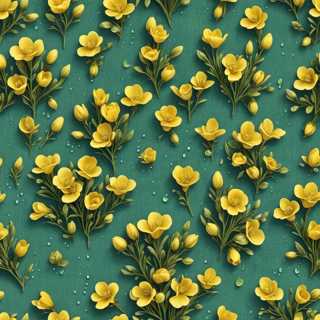Digital Seamless Paper, A Multitude of 3d Yellow Summer Aconite Flowers with dew drops everywhere, Lustrous 3d Dark Sea ...
