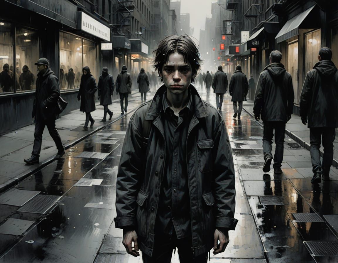 Charcoal Portrait of a Lonely City Youth