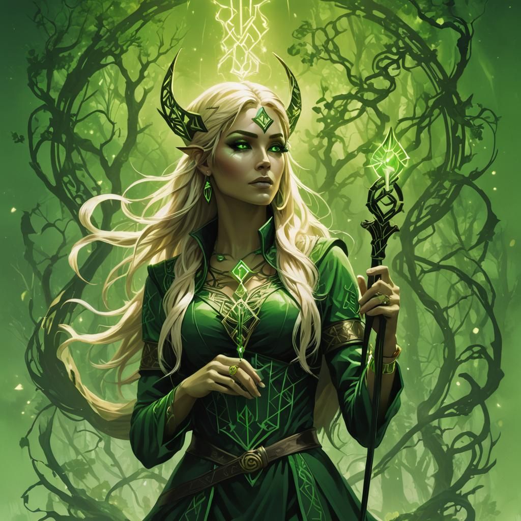 neon green silhouette runic-notes chanting blonde witch girl holding emerald staff, wearing wizard's hat; iridescent gre...