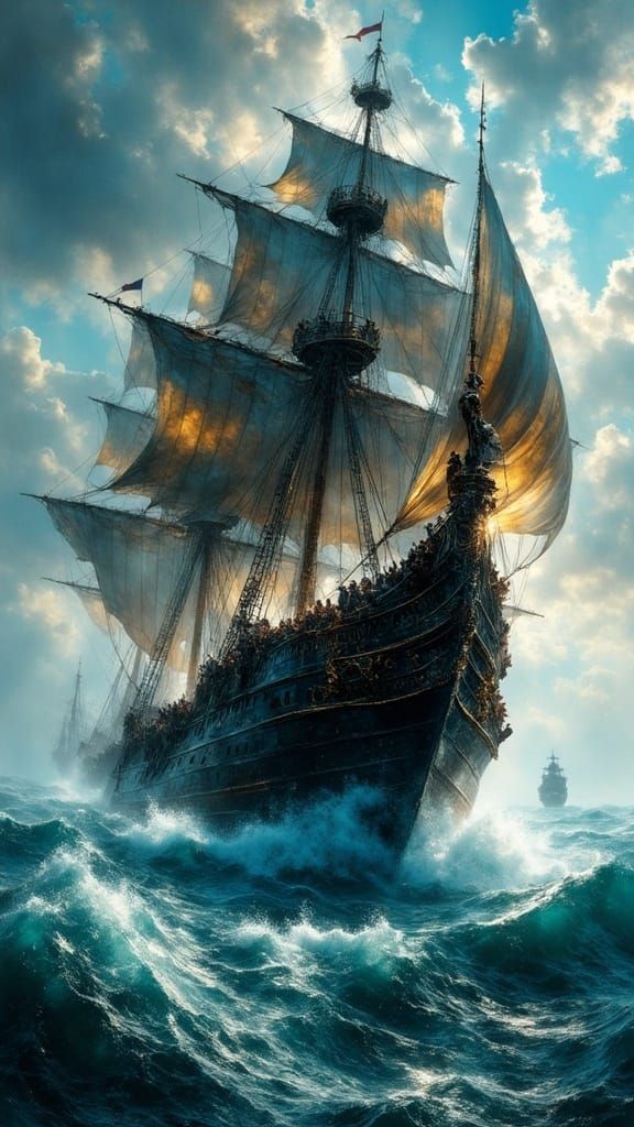 Pirate Ship Charging Across the Open Sea