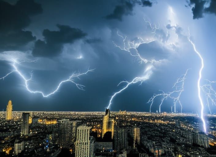 Epic Lightning Strikes City: Dramatic Digital Painting