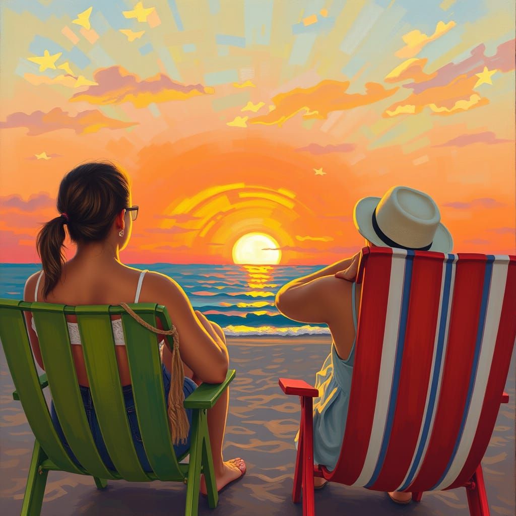 Sunset Beach Scene in Impressionist Style