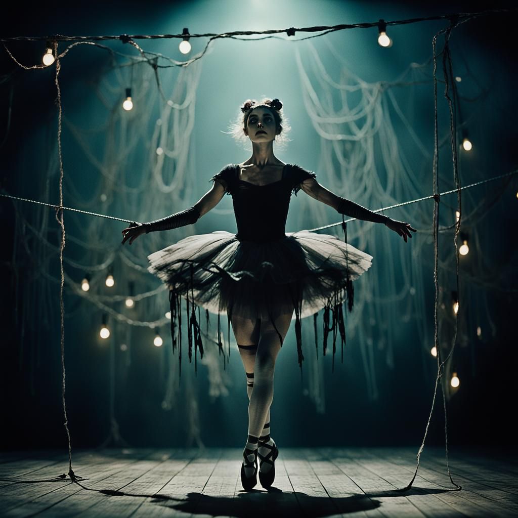 Surreal Ballerina on Tightrope in Vintage Aesthetic