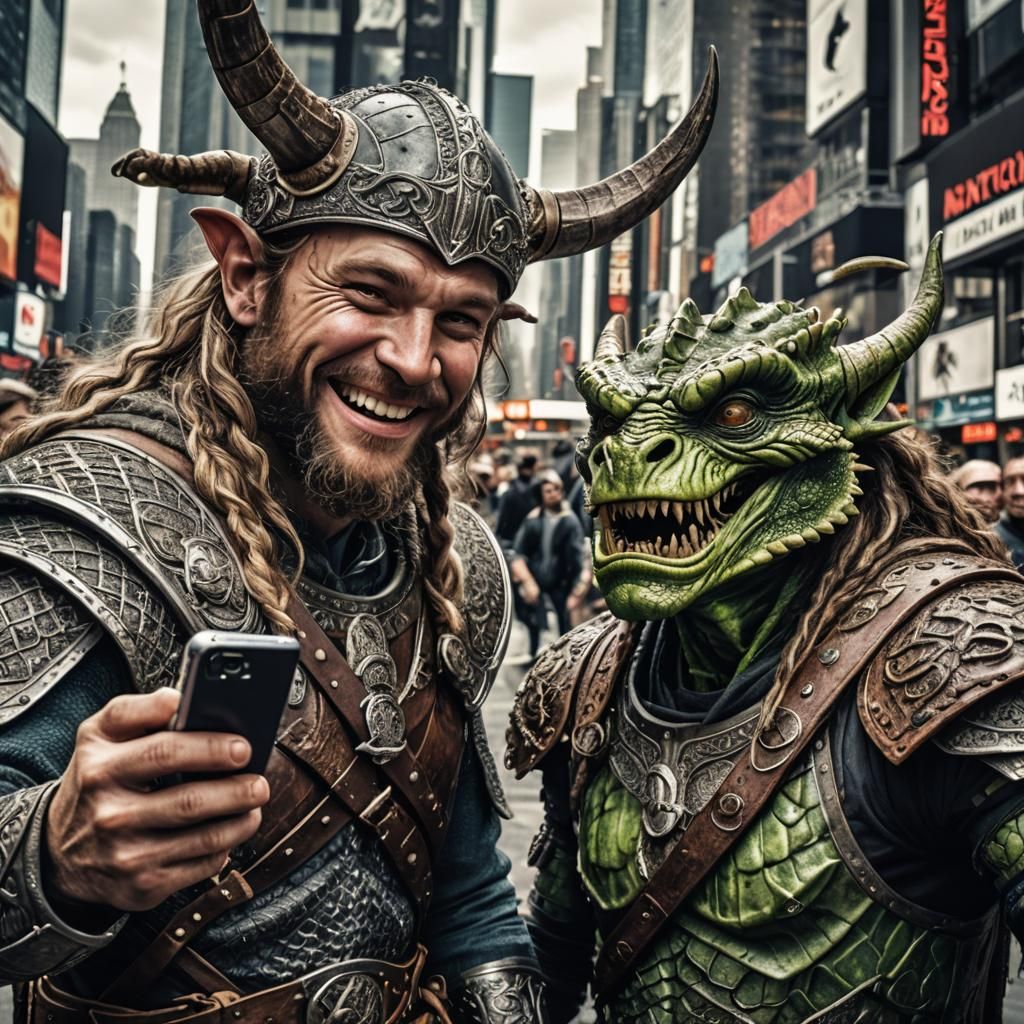 Viking and Reptoid Alien Selfie in Times Square
