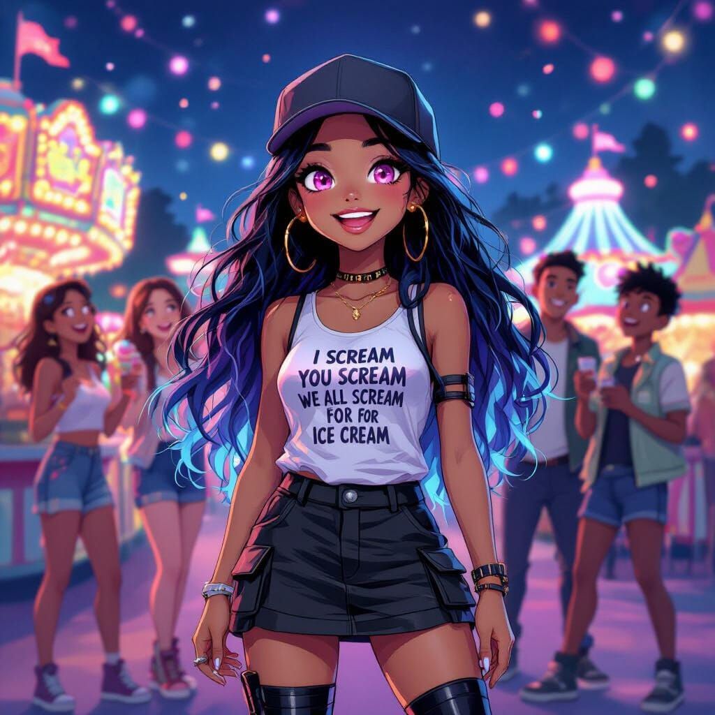 Teen Girl at Neon Carnival Night in Anime Style