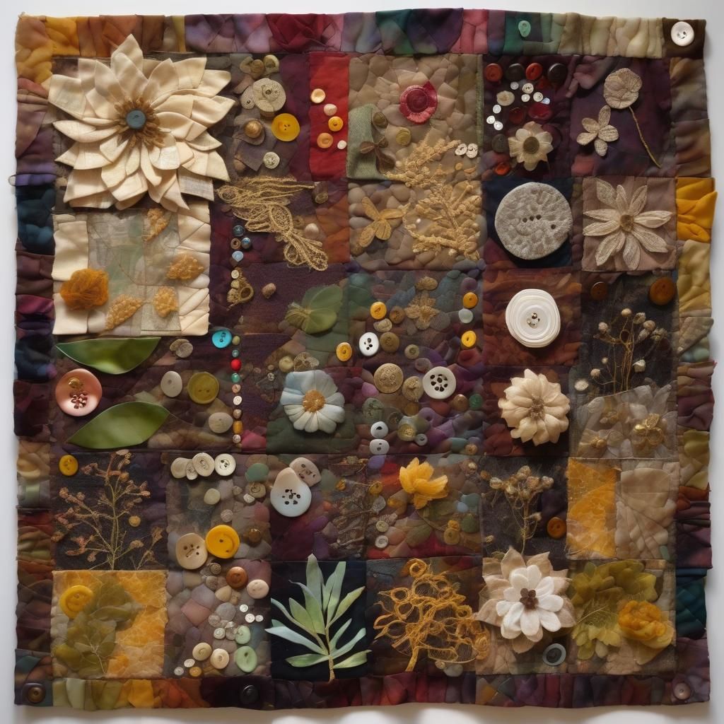 Botanical Collage Quilt in Mixed Media Style