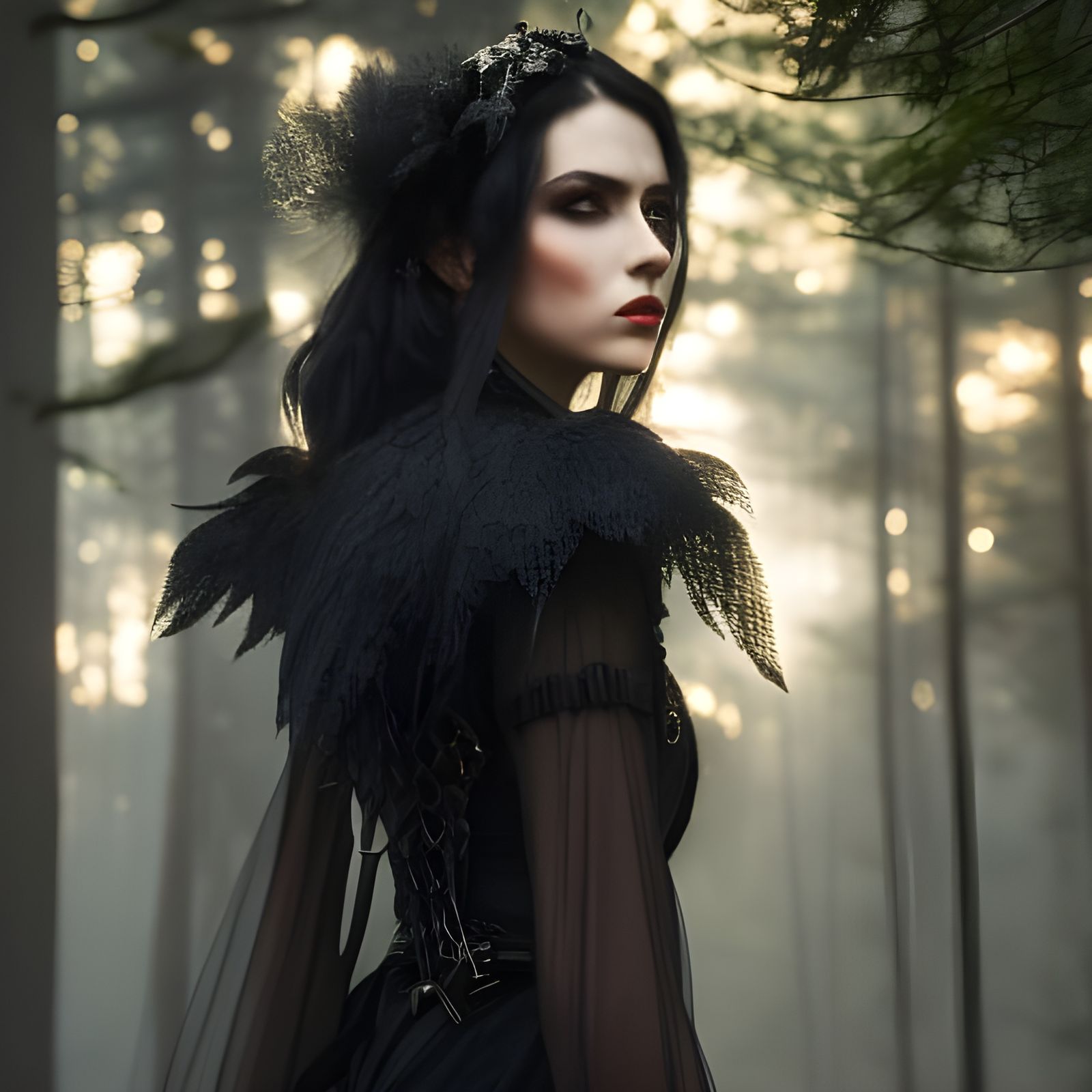 Gothic Woman with Crow in Dark Forest