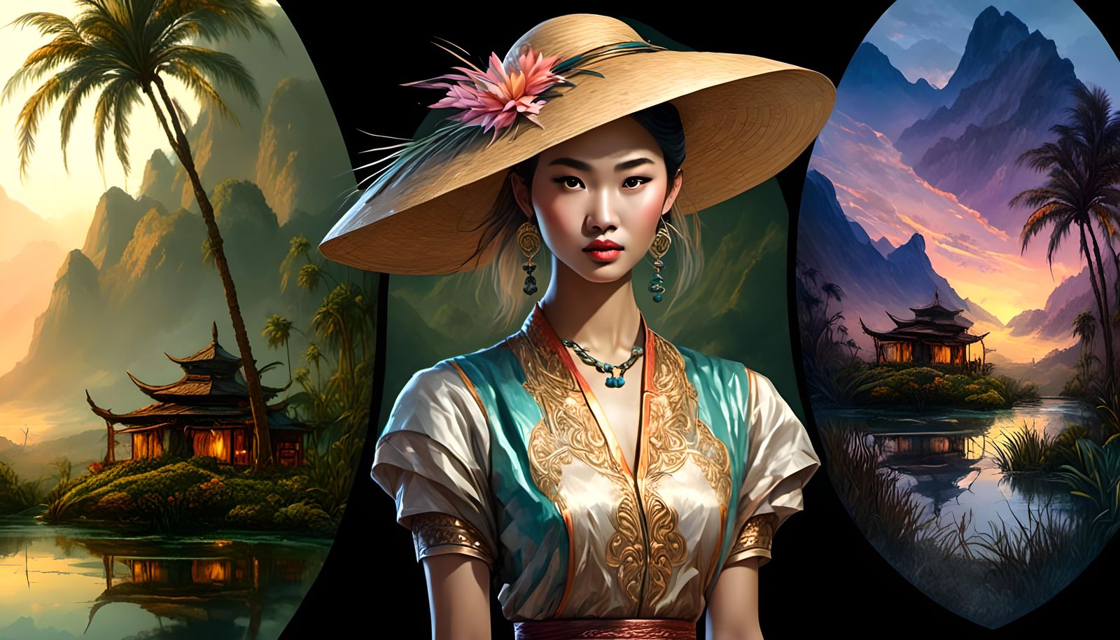 Rice Field Sunset: Chinese Woman in Watercolor Style