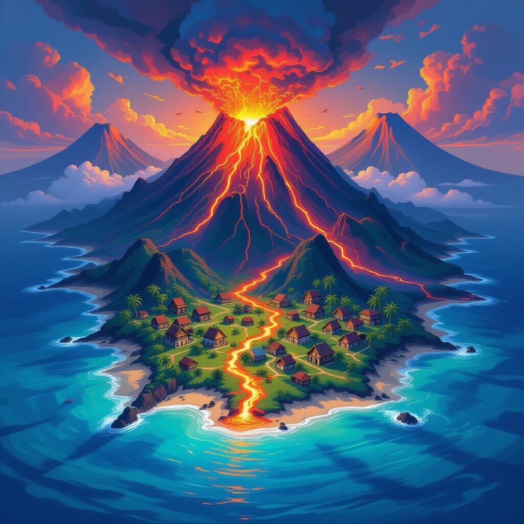 Fantasy Tropical Island Map with Volcanoes and Lava River