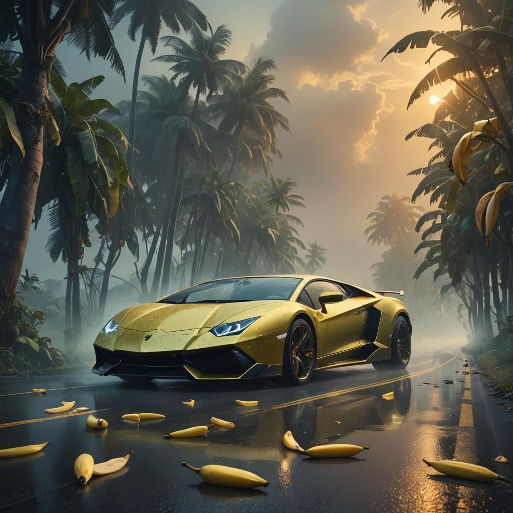 Banana Lamborghini Races on Misty Highway