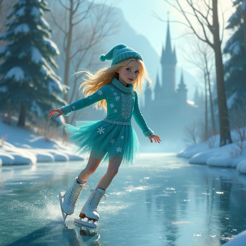 Girl Ice Skating in Winter Wonderland