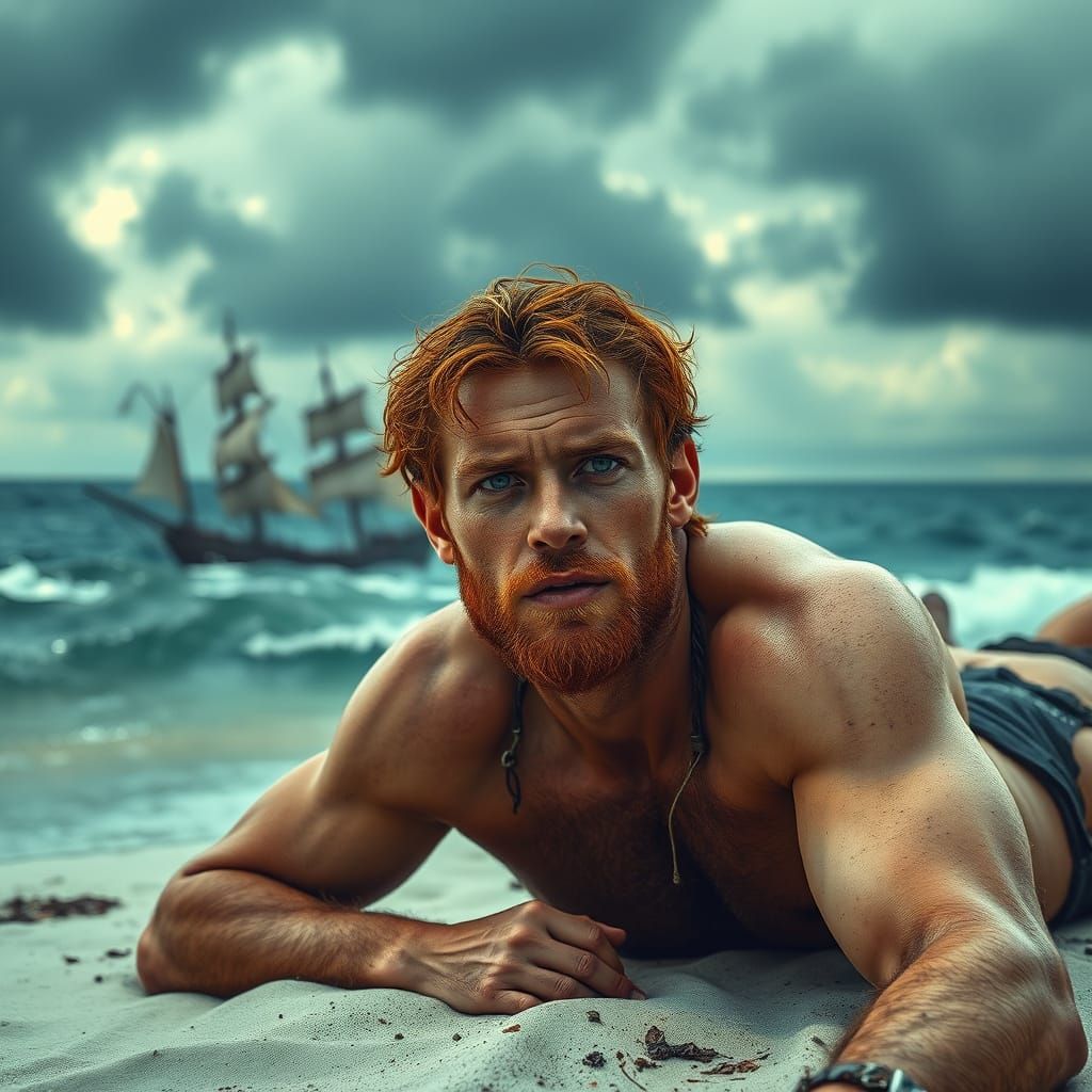 Castaway on Stormy Beach with Shipwreck