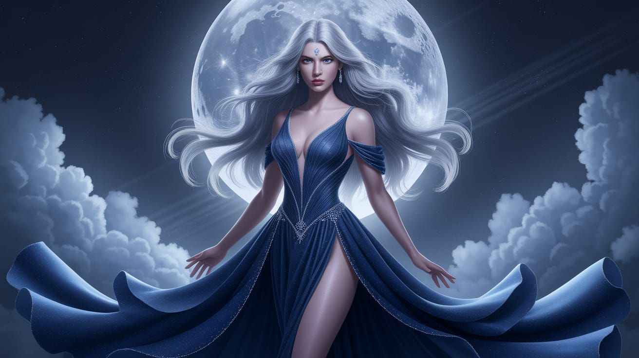 Mystical Woman in Moonlight with Flowing Silver Hair