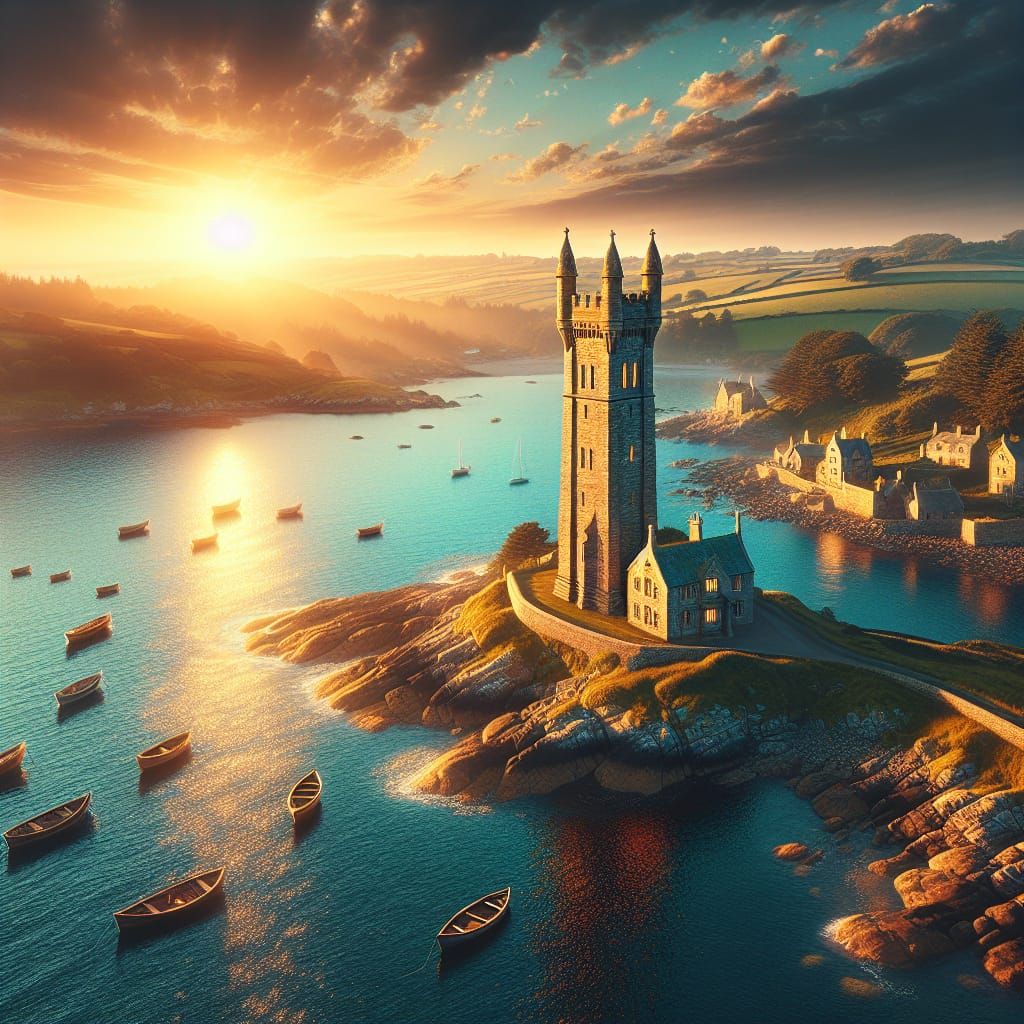 Coastal Stone Tower at Sunset: A Cinematic Scene