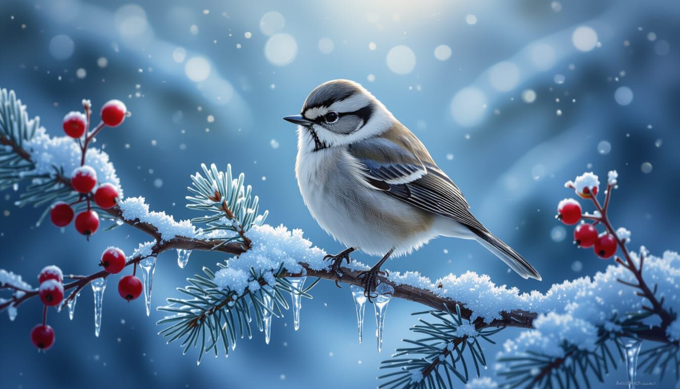 Photorealistic Bird on Snow Branch with Icicles