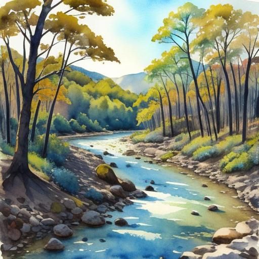 Detailed Landscape with River in Watercolor Style