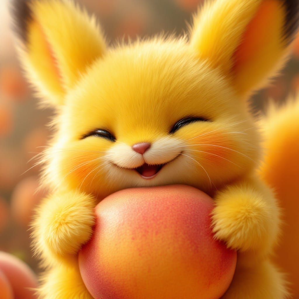 Happy Fluffy Pichu Holding Giant Peach in 3D