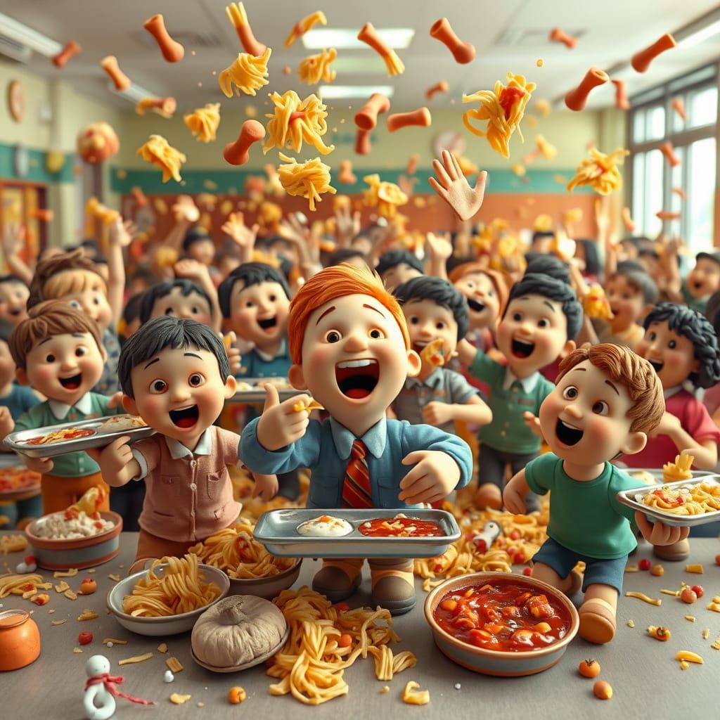Whimsical Claymation Food Fight in School Cafeteria