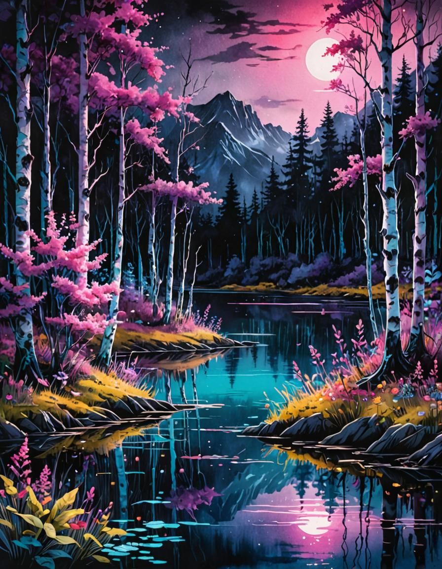 Neon Fantasy Landscape in Vaporwave Style