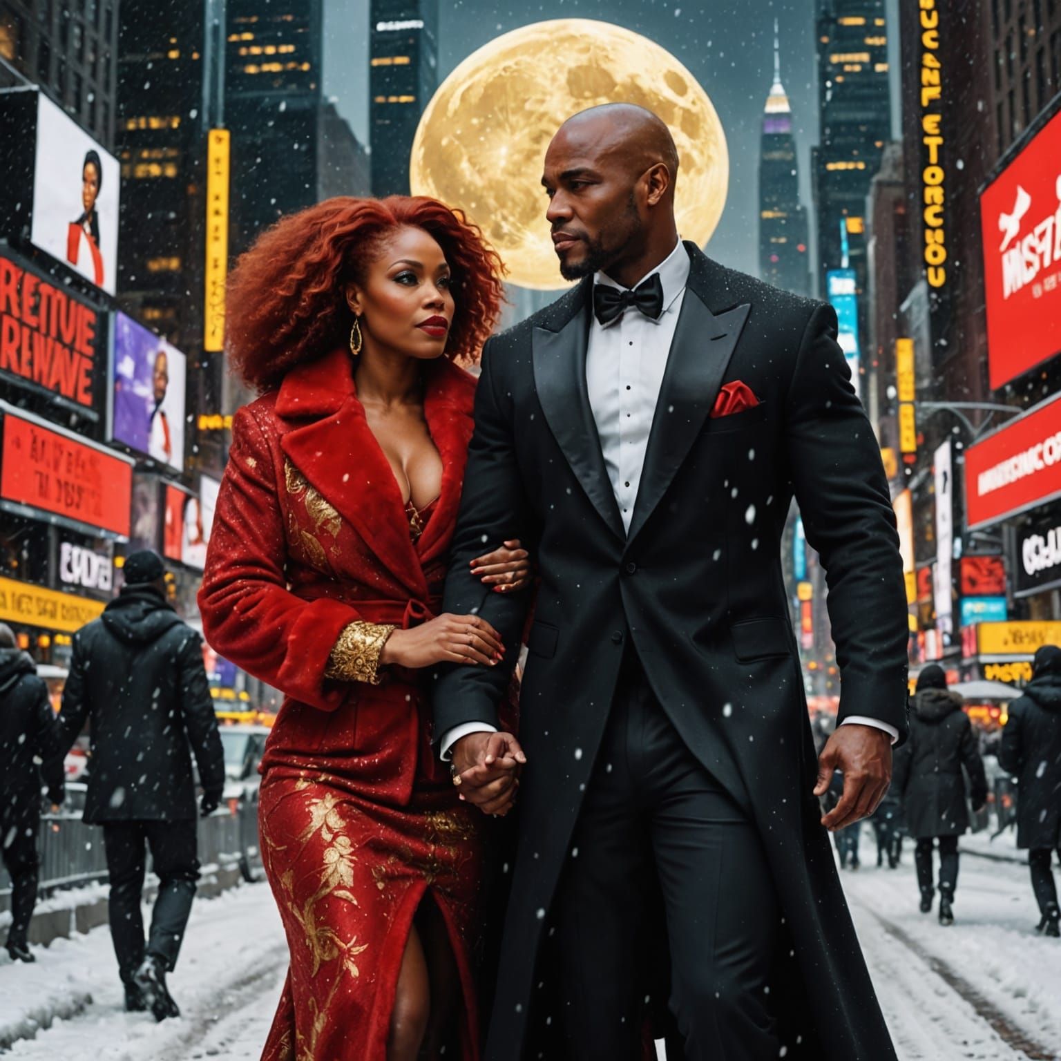 Sensual Black Holiday Couple Under Full Moon in Times Square