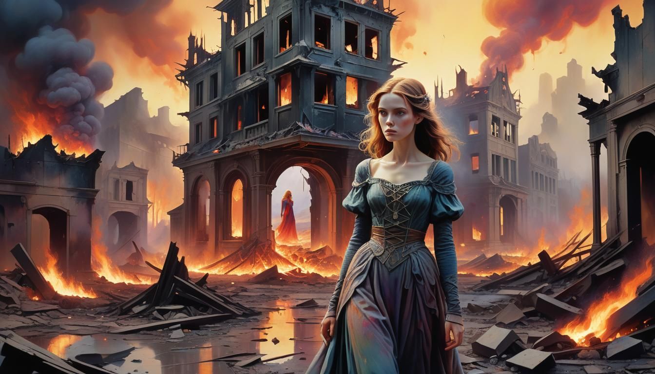 Desolate Figure in War-Torn Landscape: Ethereal Dreamscape