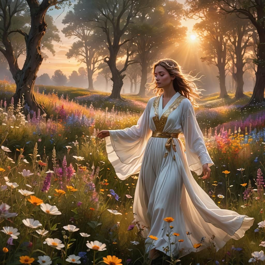 Ethereal Woman in Flower Field, Digital Art