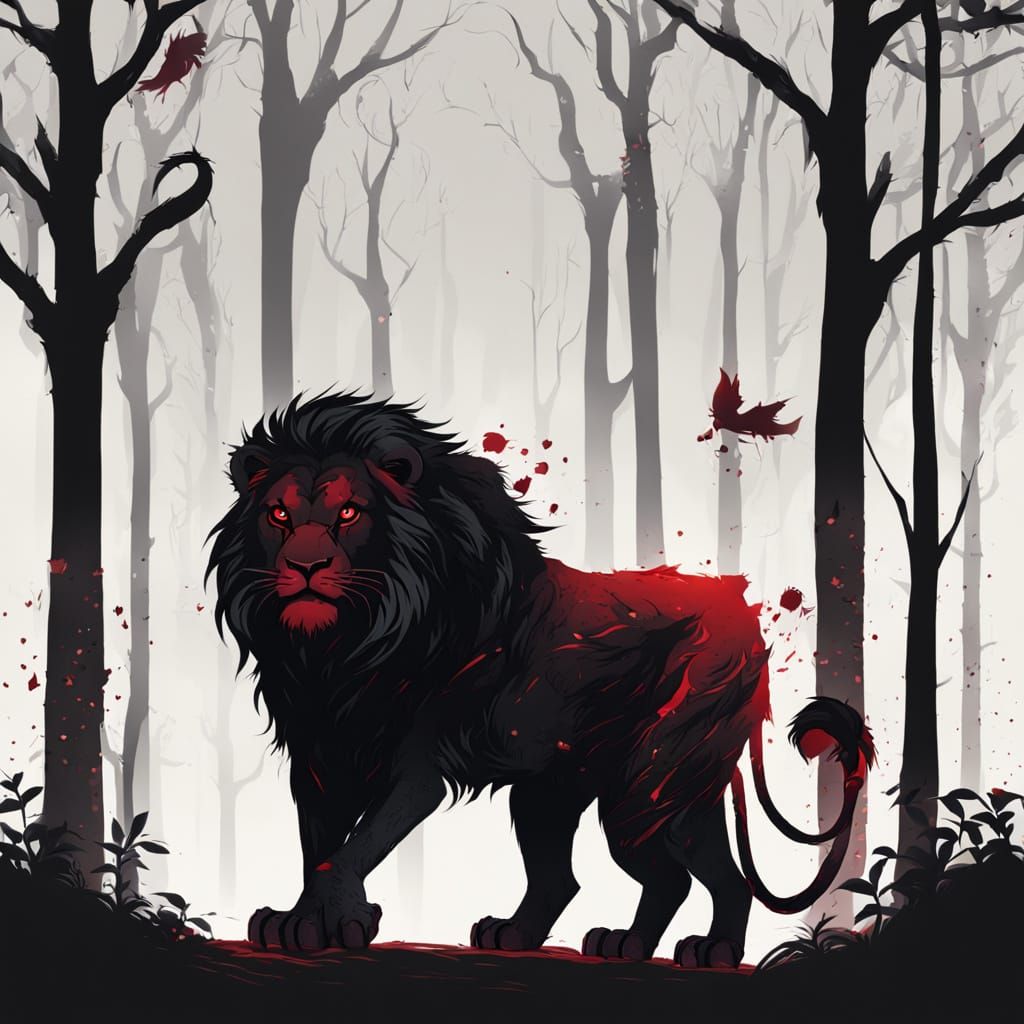 Black Lion with Crimson Wings in Dark Forest