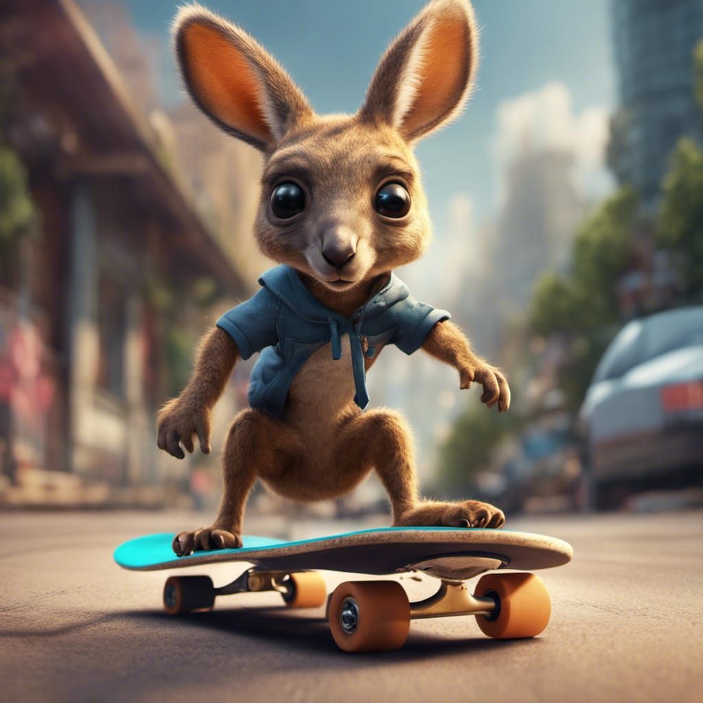 Baby Kangaroo on Skateboard: Detailed Fantasy Art