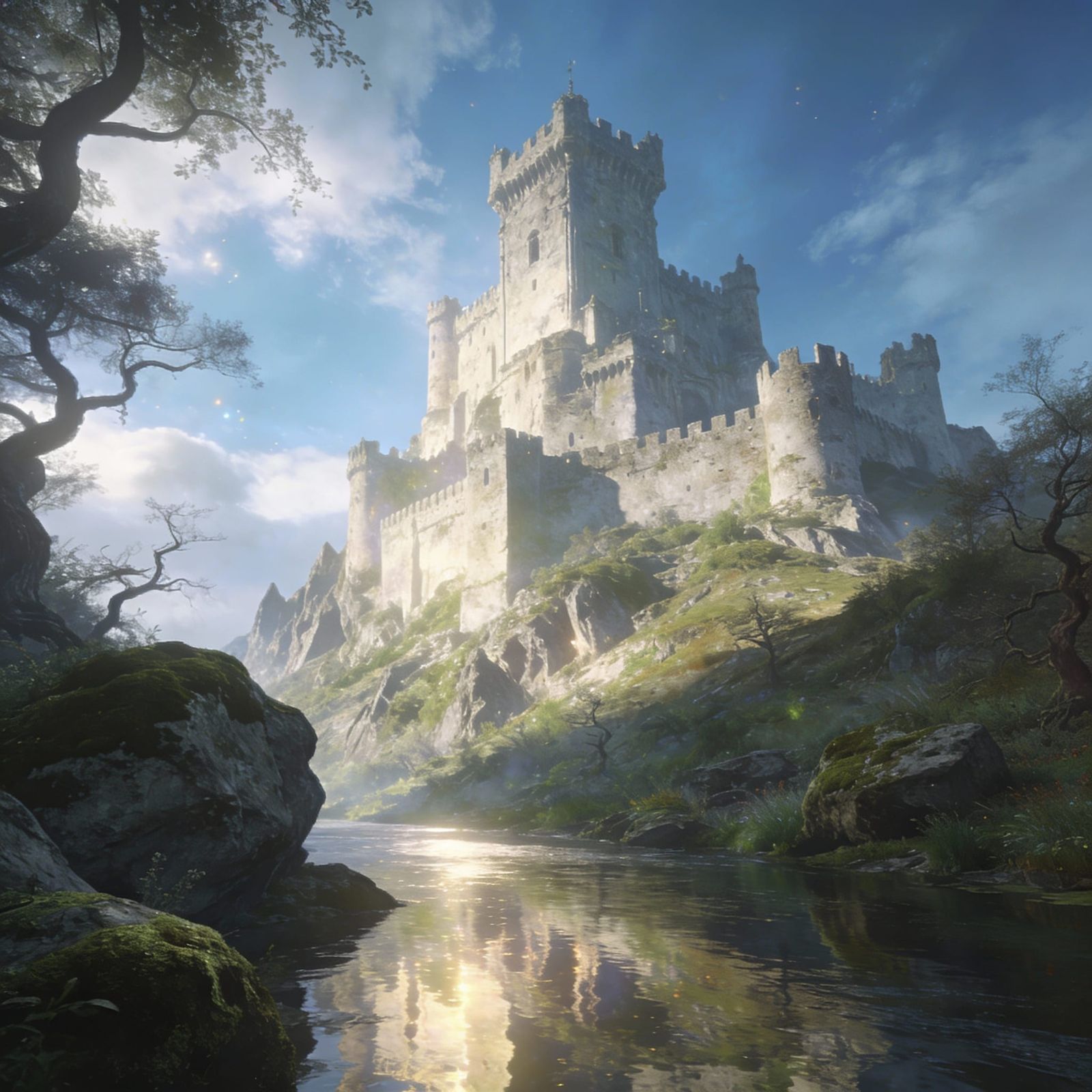 Ethereal Fantasy Castle Rises Above River Landscape