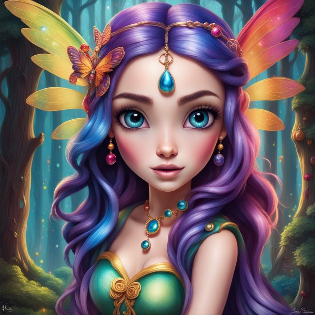 Disney pixar style 3D beautiful fairy, two different color eyes, long flowing bright rainbow colored hair, beautiful big...