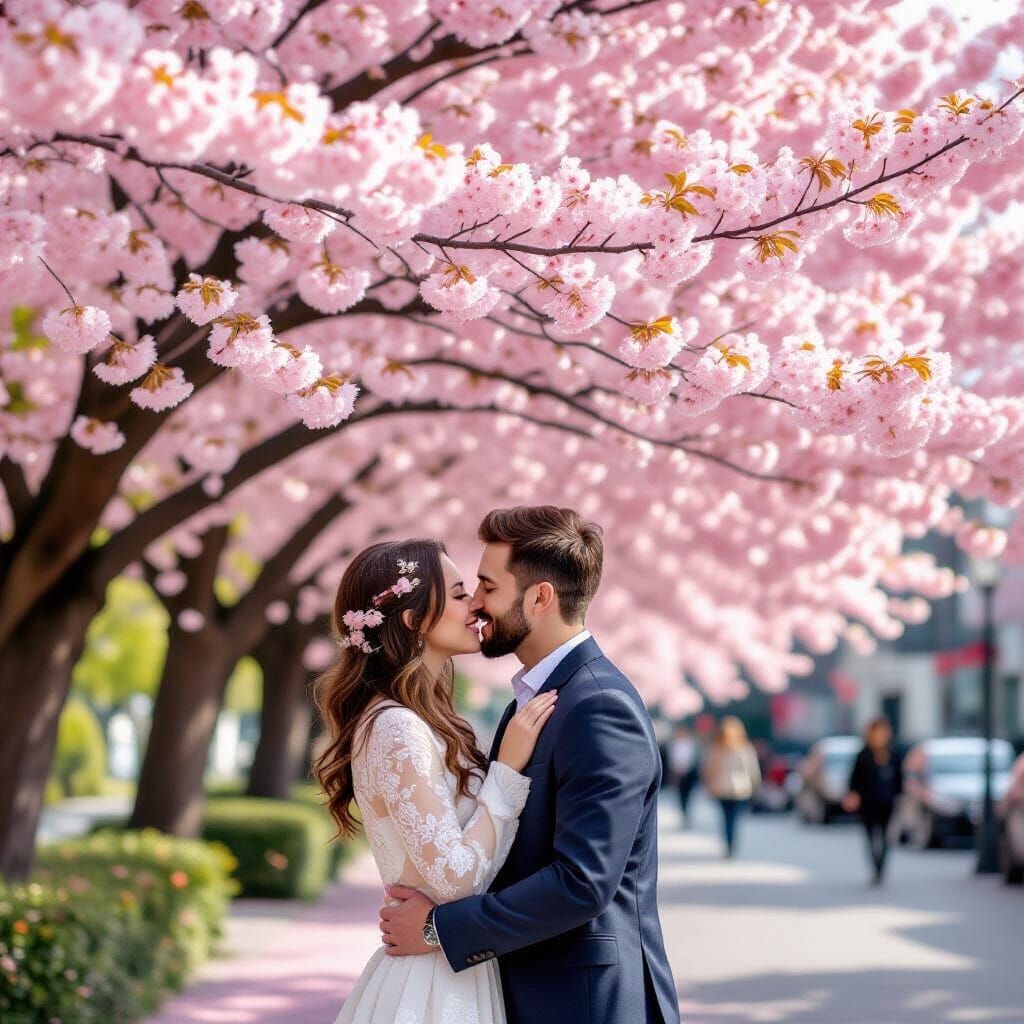 Couple Kissing Under Giant Cherry Blossom Tree