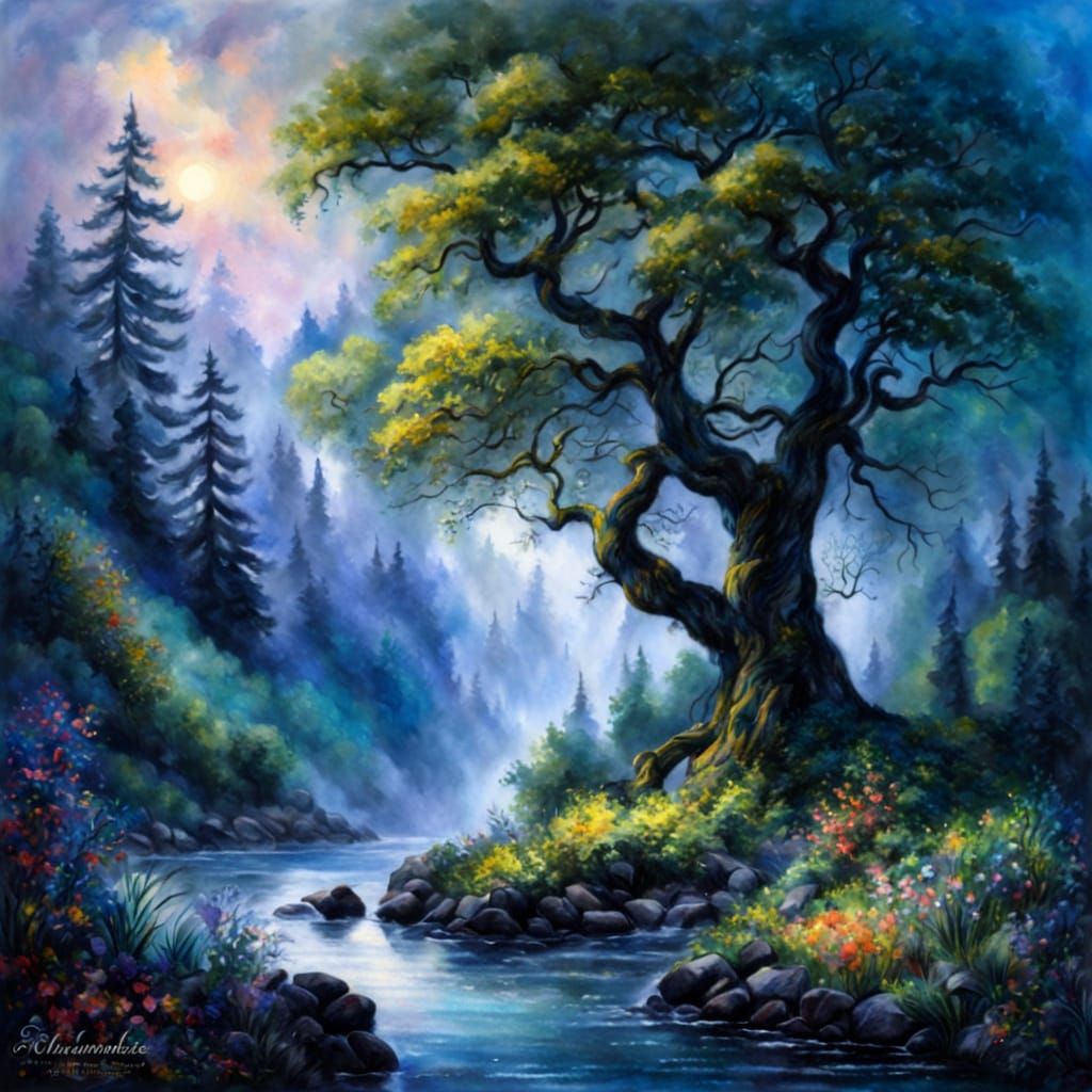 Enchanting River Landscape in Gouache and Watercolor