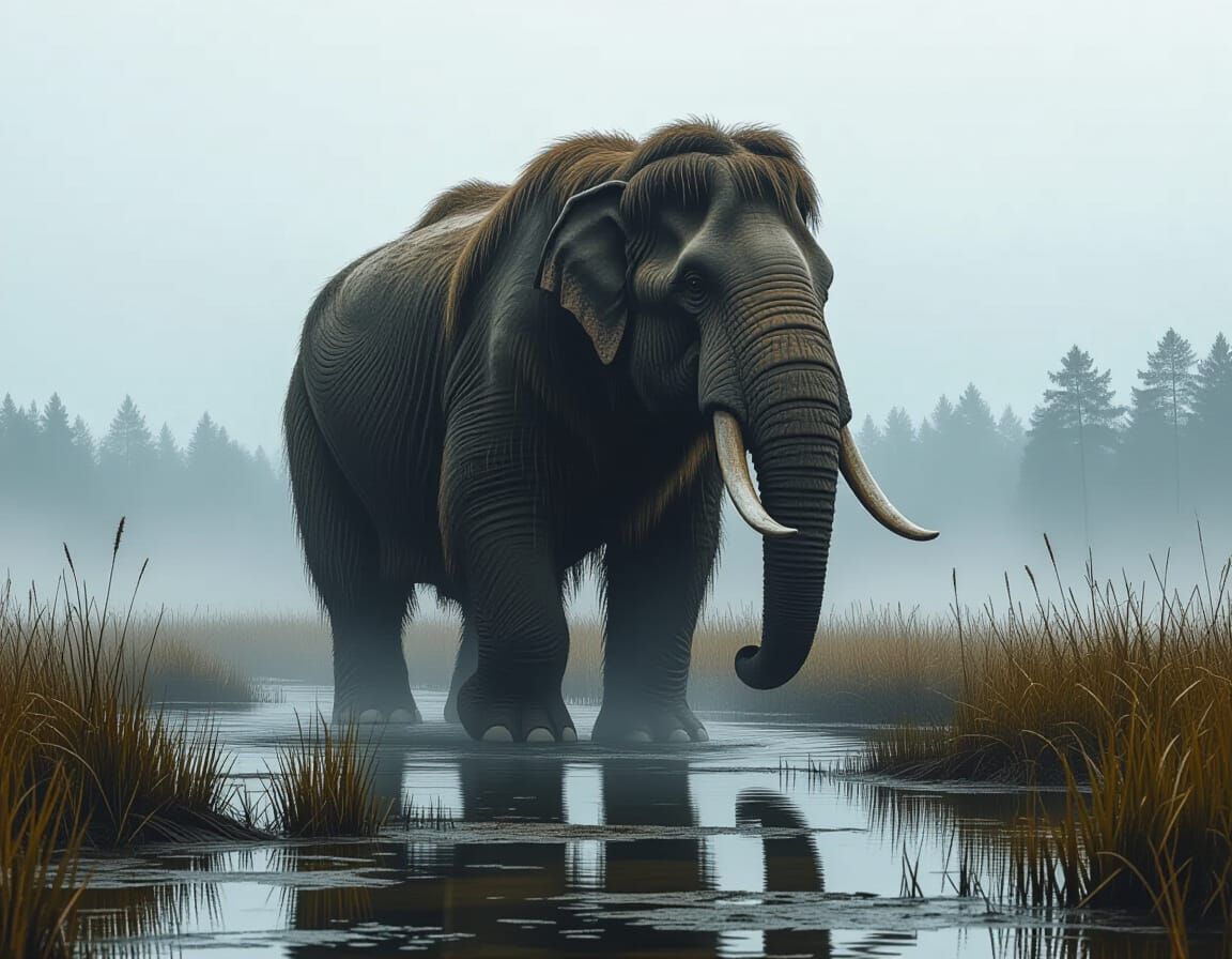Prehistoric Elephant in Misty Marsh: Matte Painting