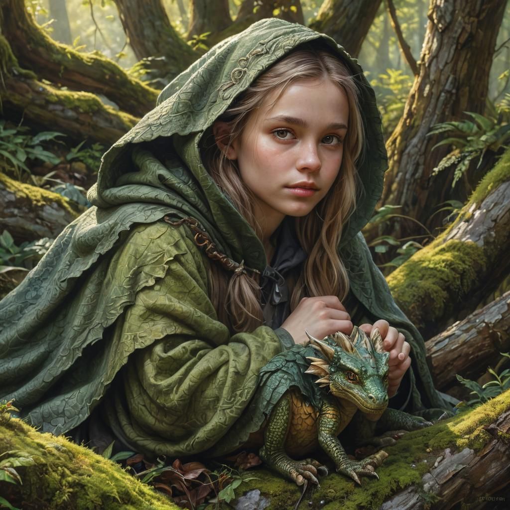 Girl with Dragon in Forest: Hyperrealistic Fantasy Art