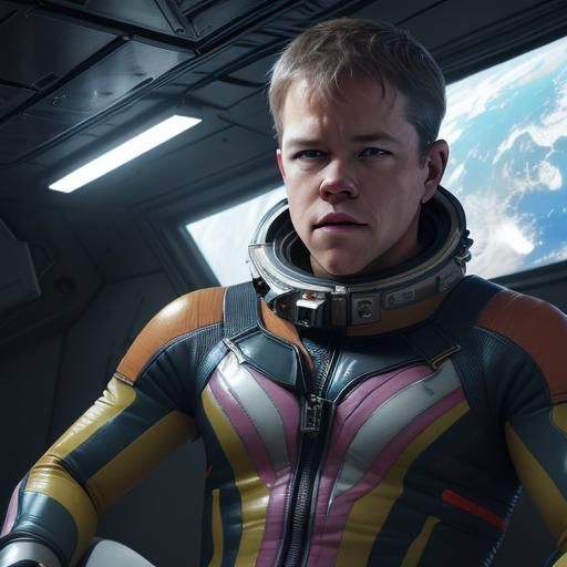 Matt Damon in Multicolor Latex Suit on Space Station