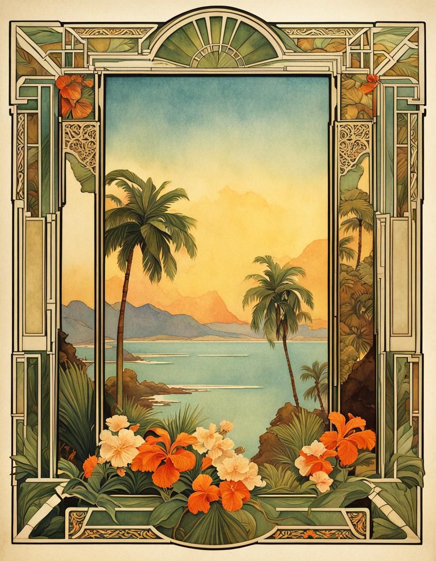 Art Deco Picture Frame with Hawaiian Motif