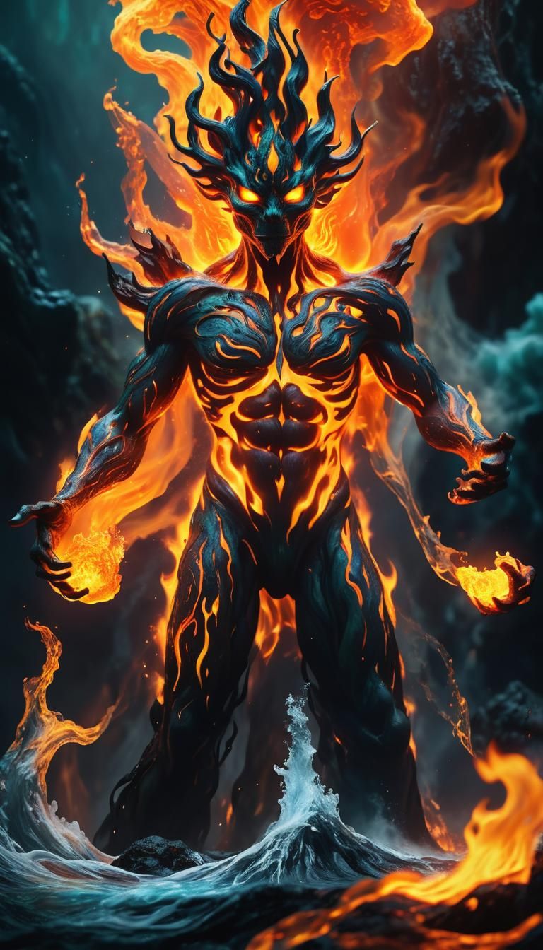 Fire Elemental with Star Gemstones in Surreal Landscape