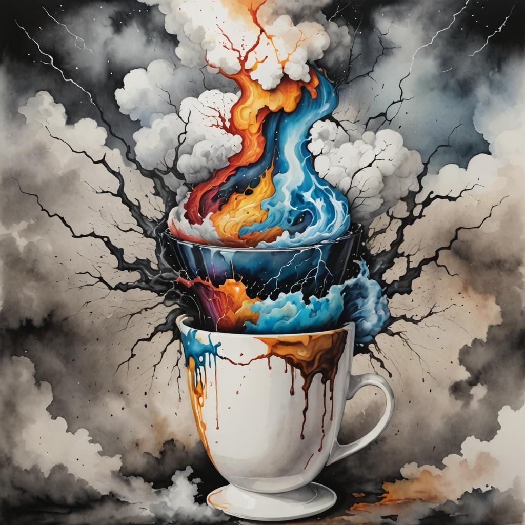 Coffee Cup Storm: Hyperrealistic Watercolor Chaos