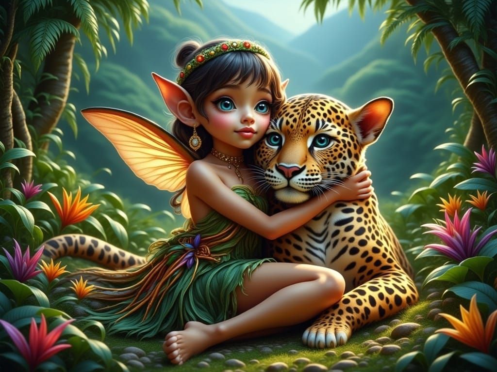 South American Pixie Enchants a Majestic Jaguar in Vibrant J...
