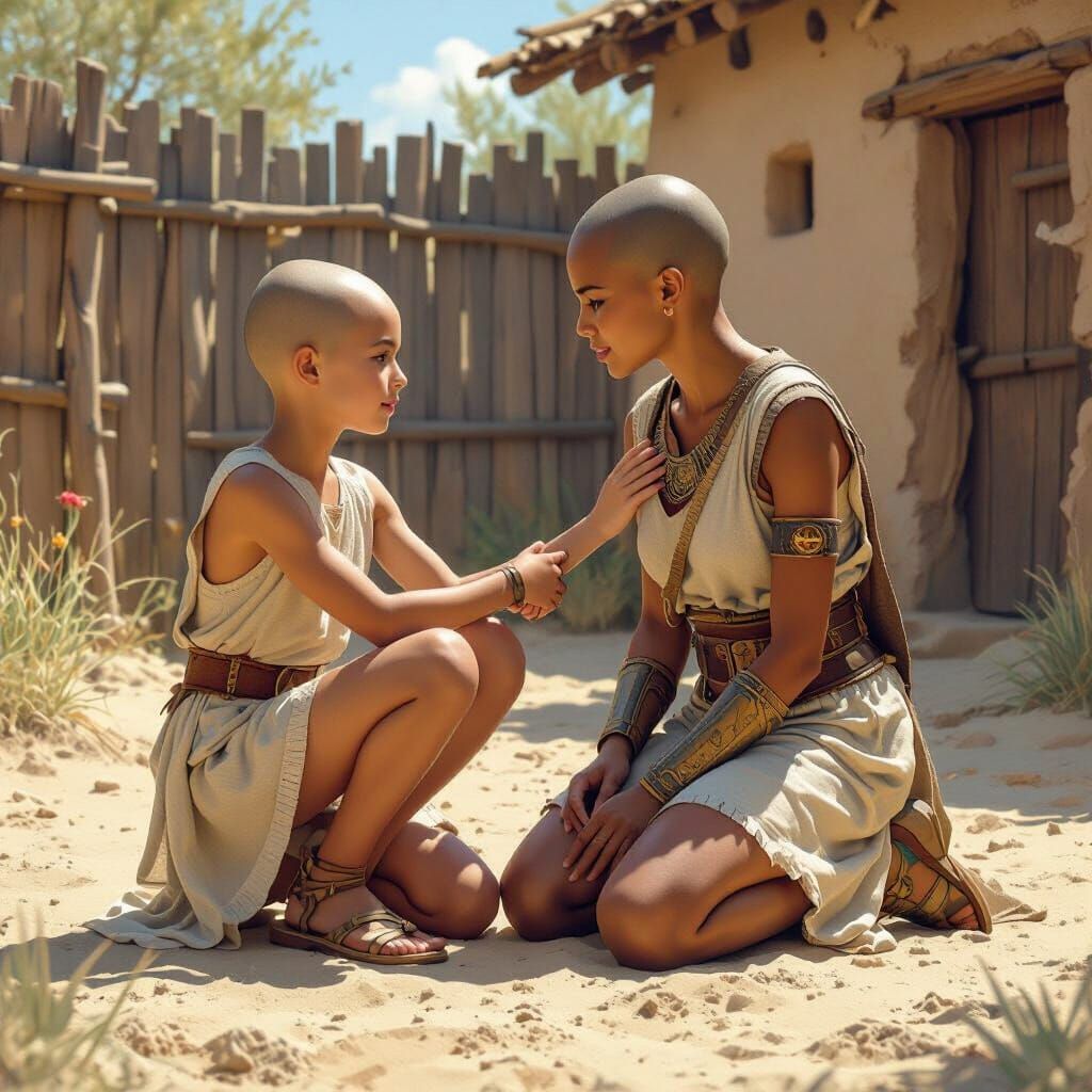 Bald Girl and Woman Warrior Embrace: Matte Painting