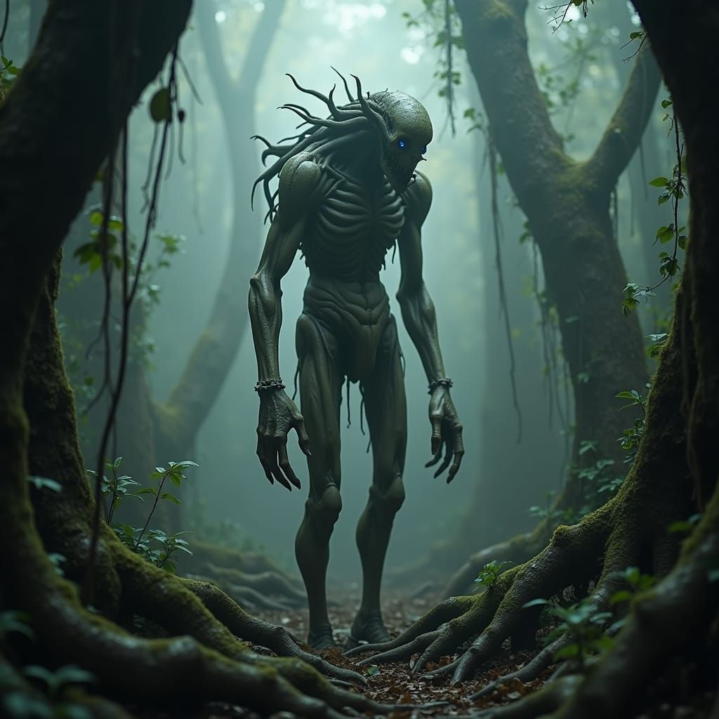 Grotesque Creature in Mist-Shrouded Jungle