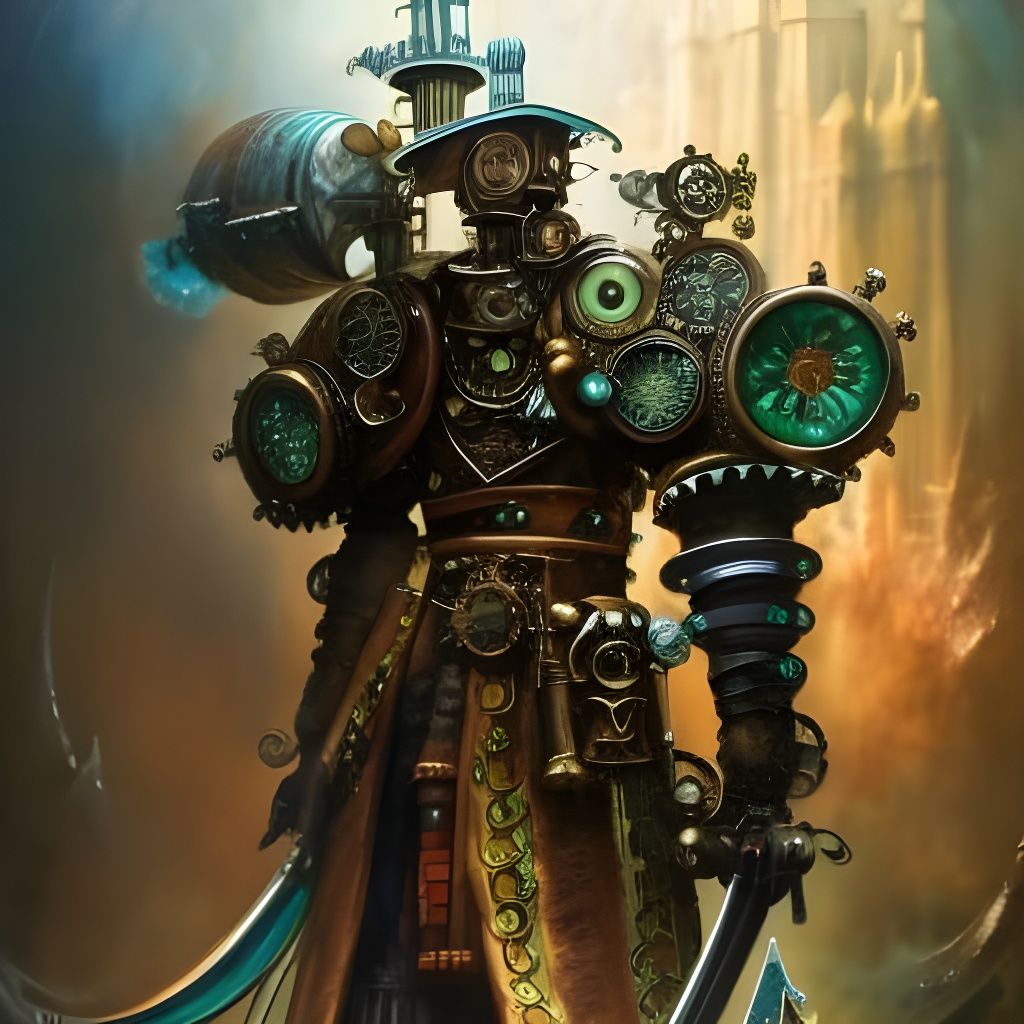 Mechanical Steampunk Knight in Rainbow Smoke